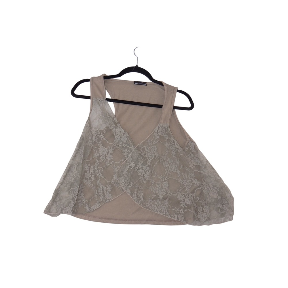 Say Anything Womens Taupe Tan Lace Overlay Racerback Tank Top